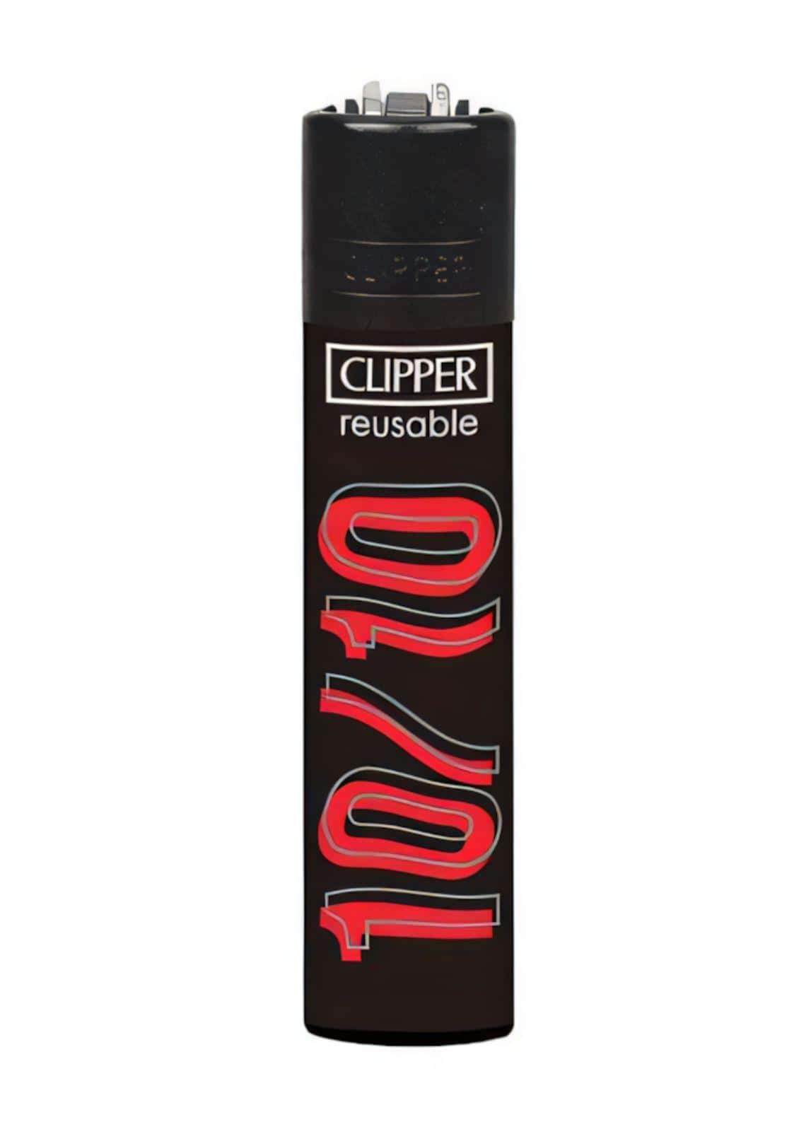 Schwarzes clipper wiederbefüllbares feuerzeug mit rotem 10/10 grafikdesign ideal für gothic kleidung und horror fans